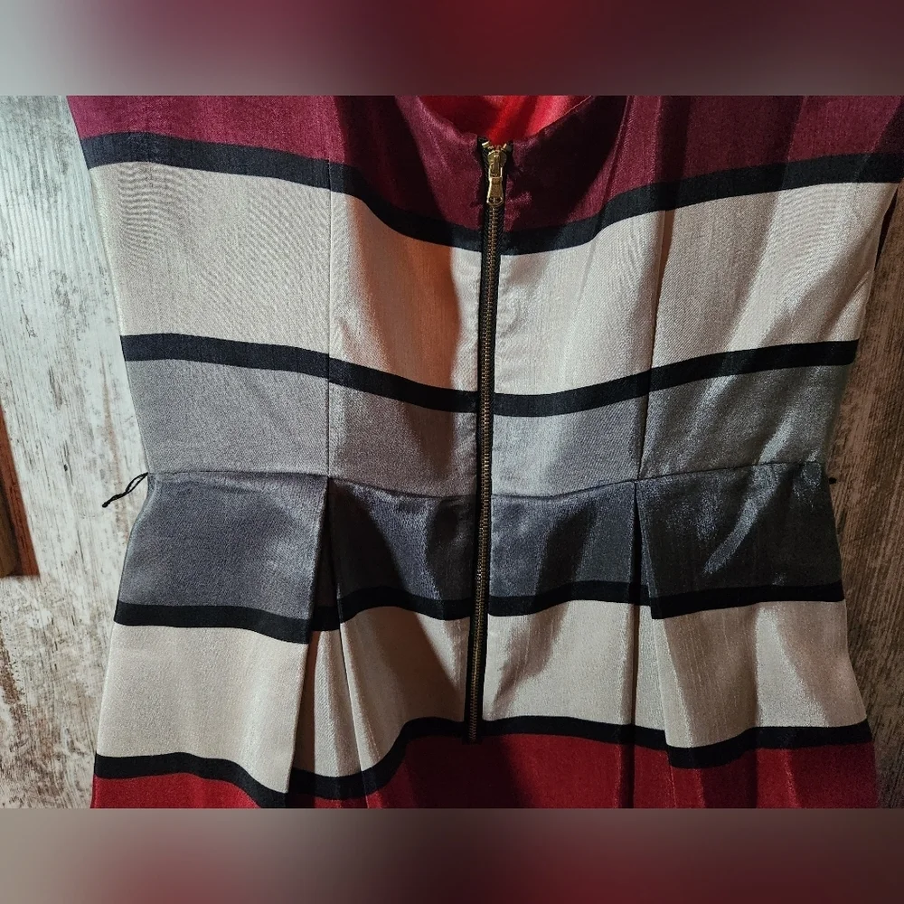 Julian Taylor Multicolor Striped Midi Dress Red Gray White Burgundy Sleeveless